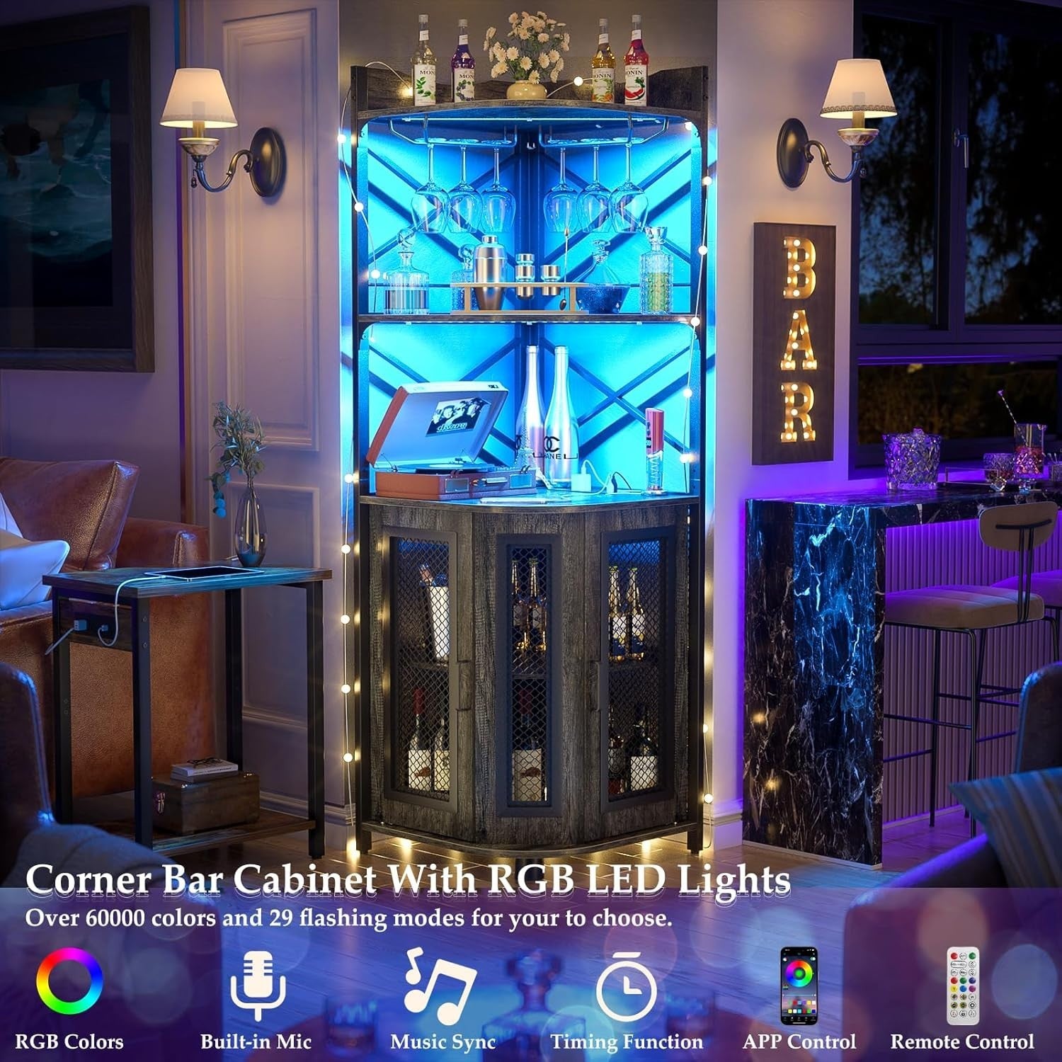 Grey Oak Corner Drinks Cabinet with LED Strip, Charging Ports & 5 Shelf Display