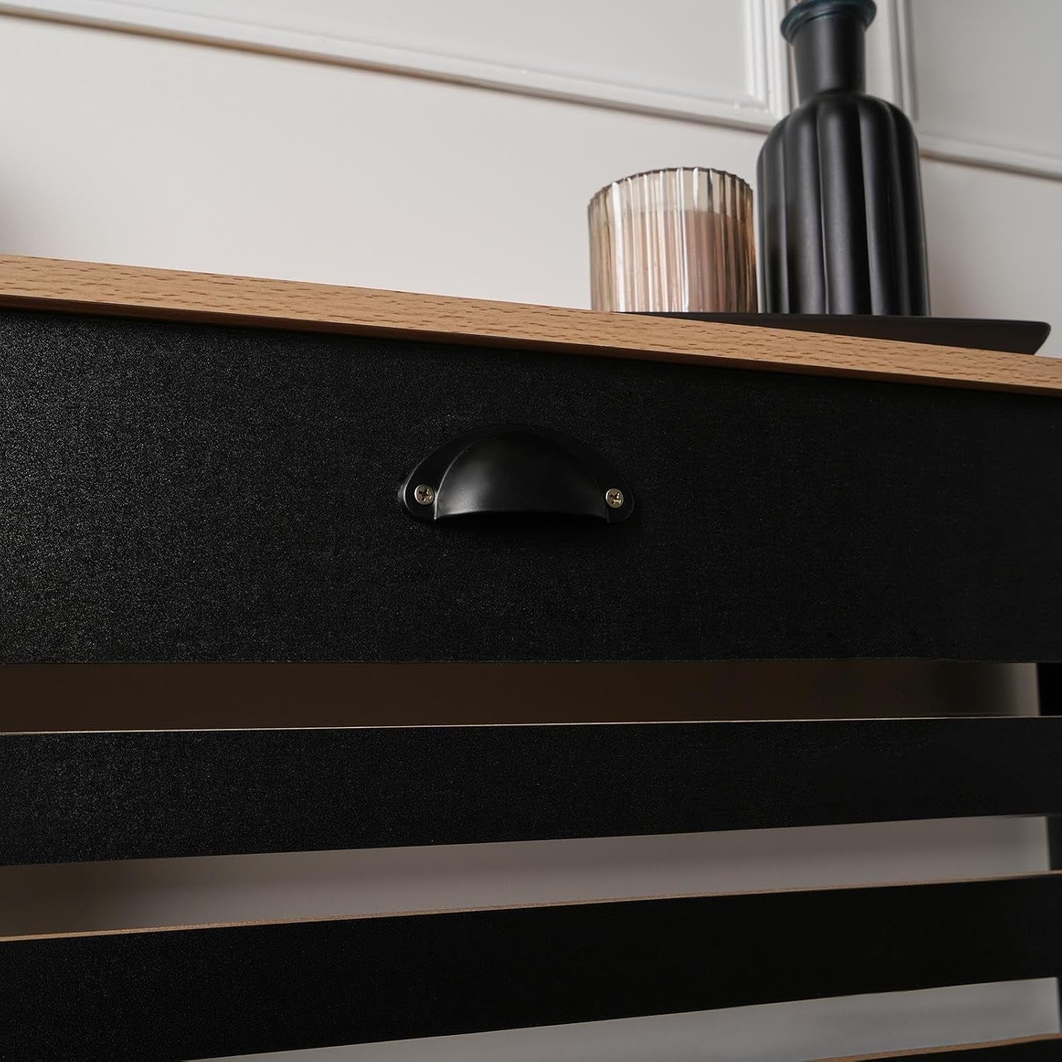 Large Black Radiator Cover with Oak Top – Modern MDF Slatted Cabinet