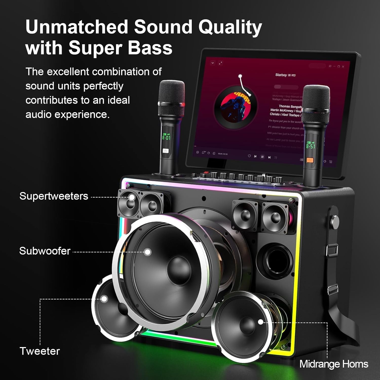 Smart Karaoke Machine 14" Touch Screen 2 Wireless Mics WiFi HDMI