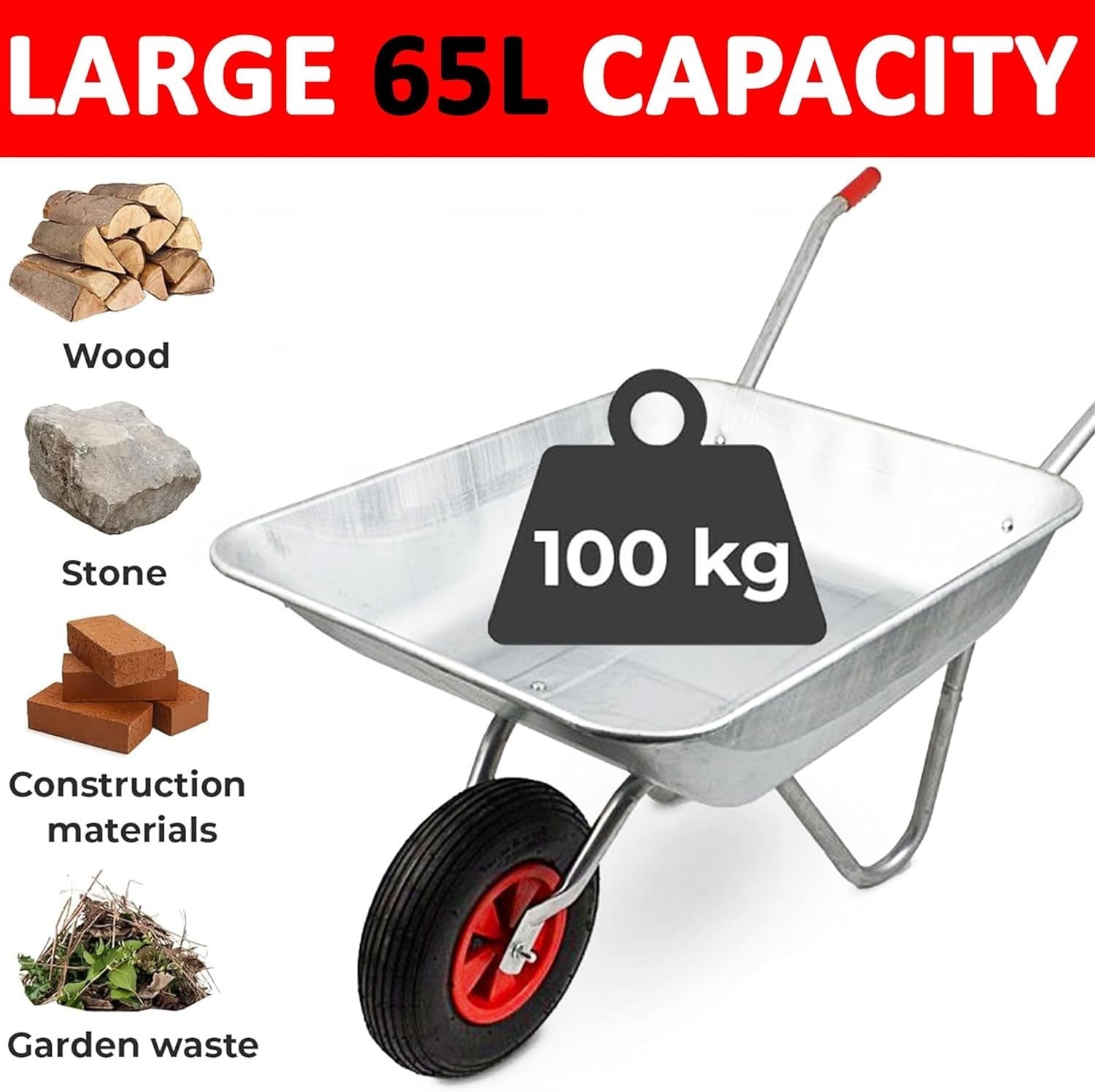 80L Garden Wheelbarrow – Galvanised Steel Tray w/ Pneumatic Tyre for Yard Work