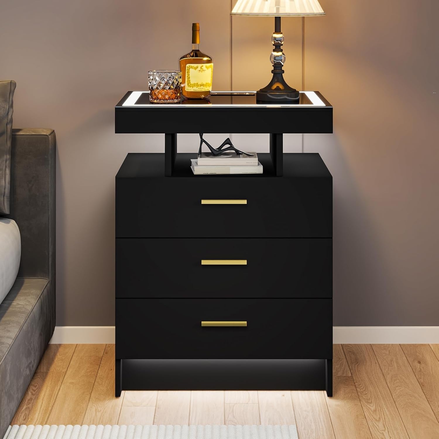 Black LED Bedside Table with Wireless Charging, Glass Top & 3 Drawer Storage