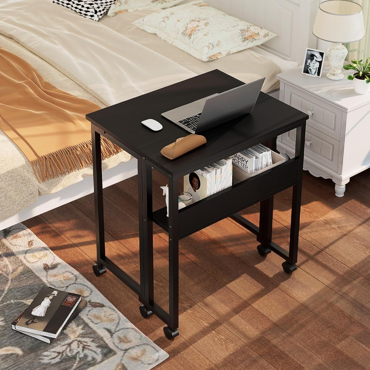 Small Folding Desk 63cm with Shelf & Wheels – Portable Black Computer Table