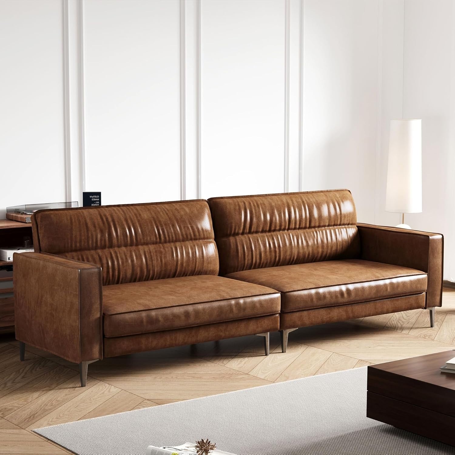 Luxury Brown Leather Sofa 3 Seater Modern Chesterfield Metal Legs 220cm