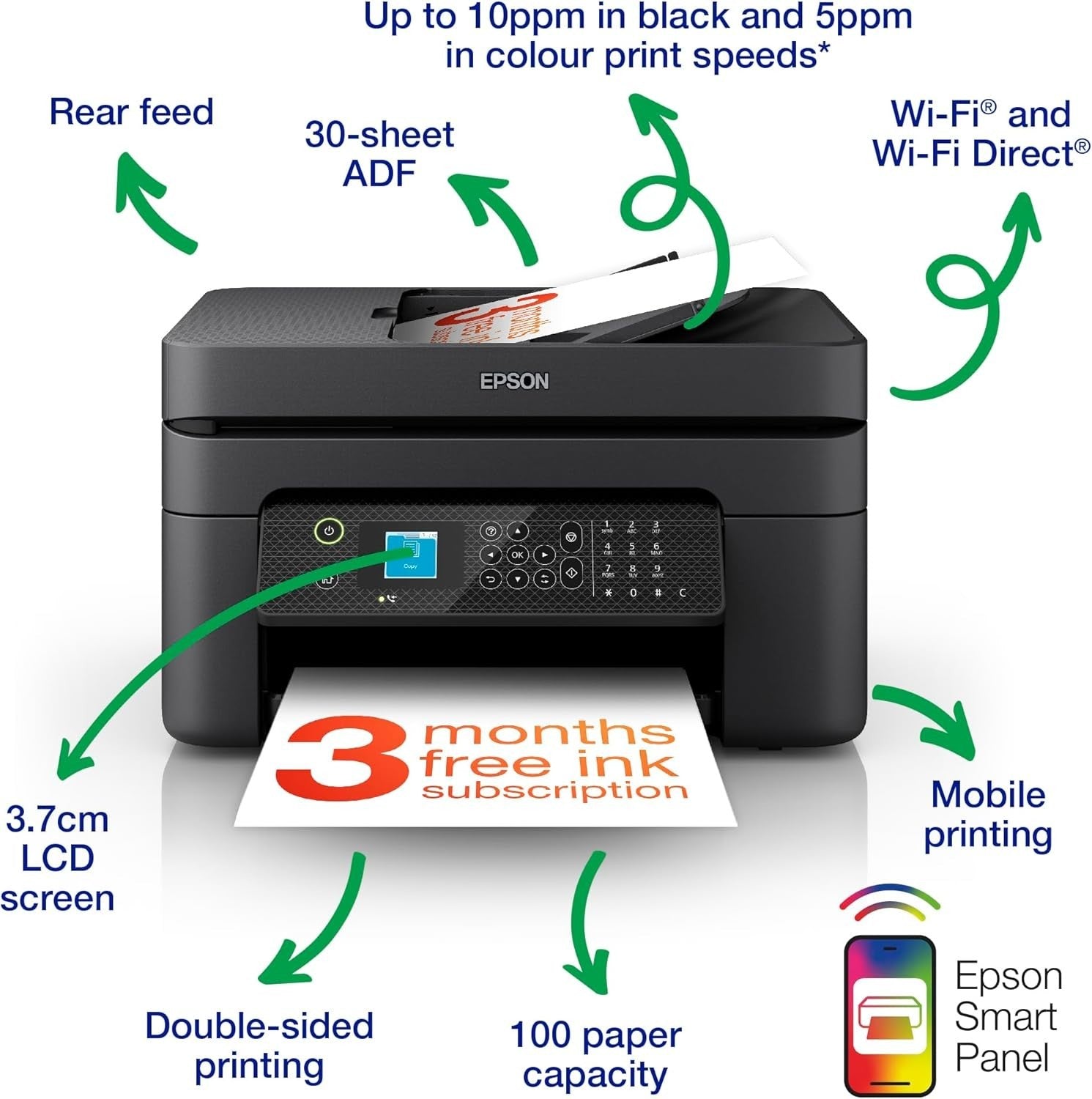 A4 Wireless Multifunction Printer Black - Duplex, 30ppm, ADF, WiFi,USB