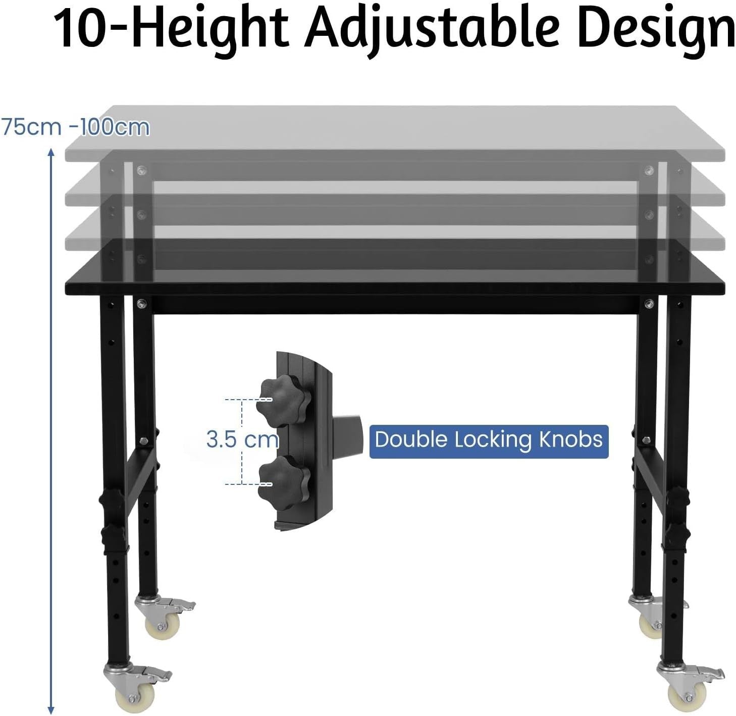 Height Adjustable Workbench 120x60cm 10-Level Rolling Table Bamboo Top