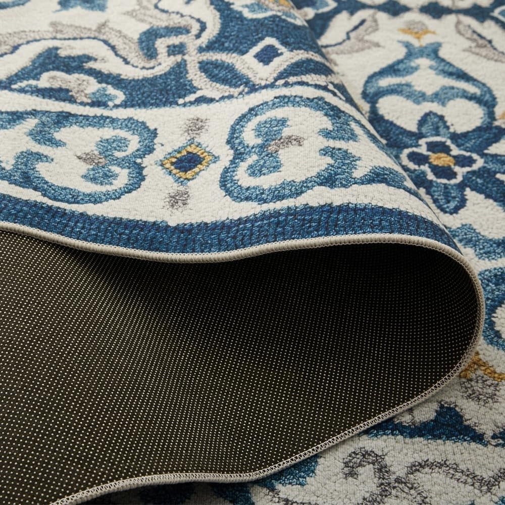 Blue Runner Rug 80x300cm Non Slip Hallway Low Pile Traditional Carpet