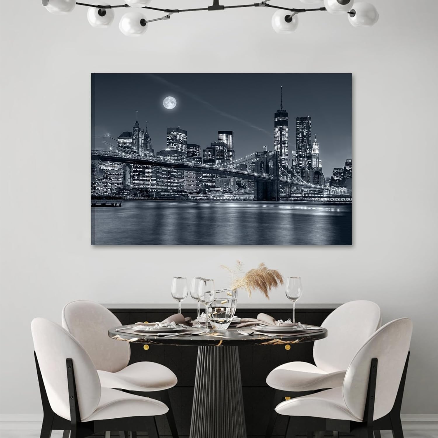 Black White Cityscape Canvas Wall Art Framed Modern Urban Night Decor