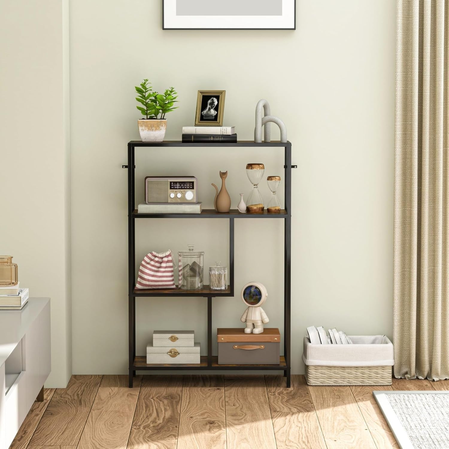4 Tier Industrial Bookcase Rustic Brown Metal Frame Freestanding Shelf 116cm