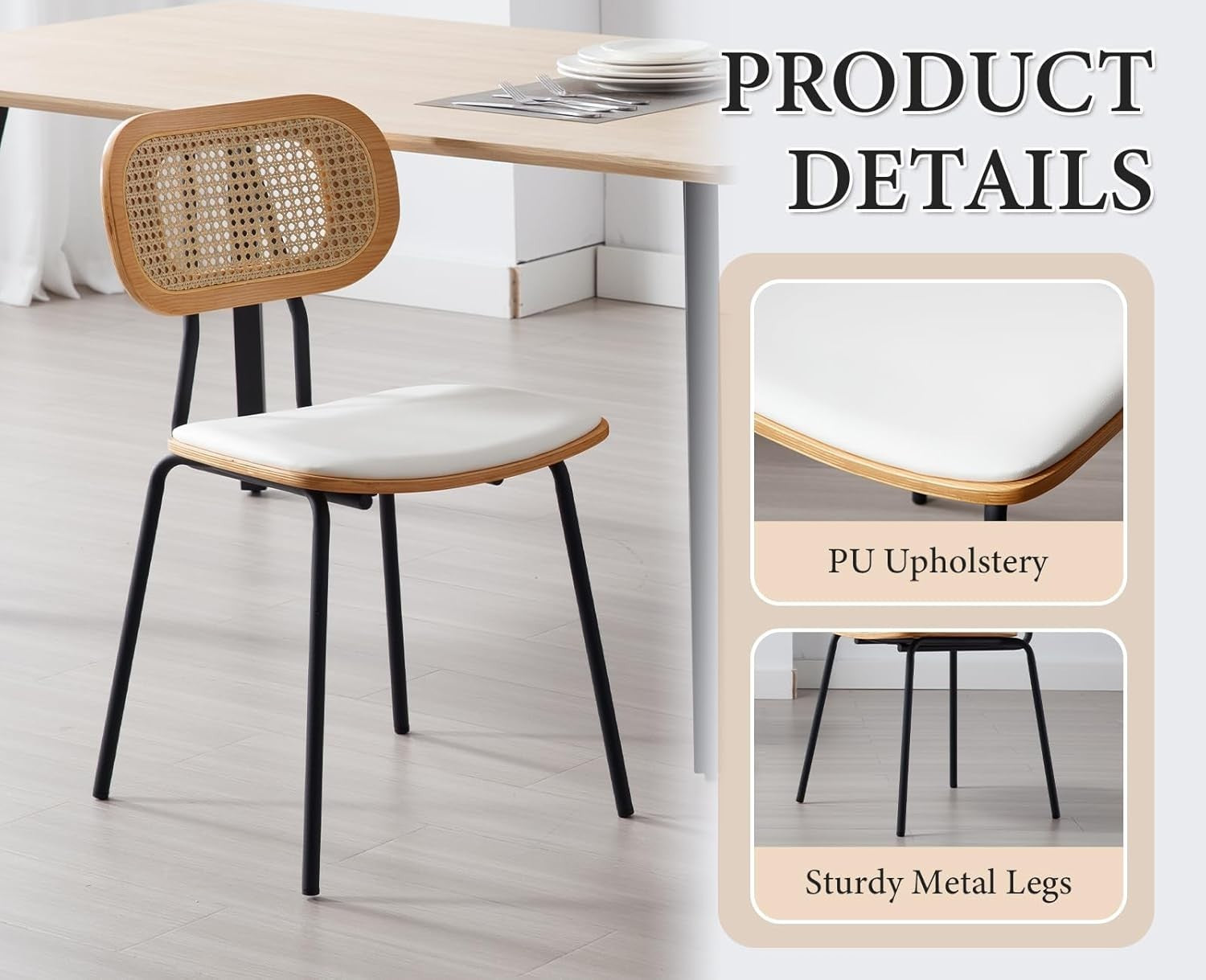 White Rattan Dining Chairs Set of 2 Metal Legs Modern Kitchen Dining Seats