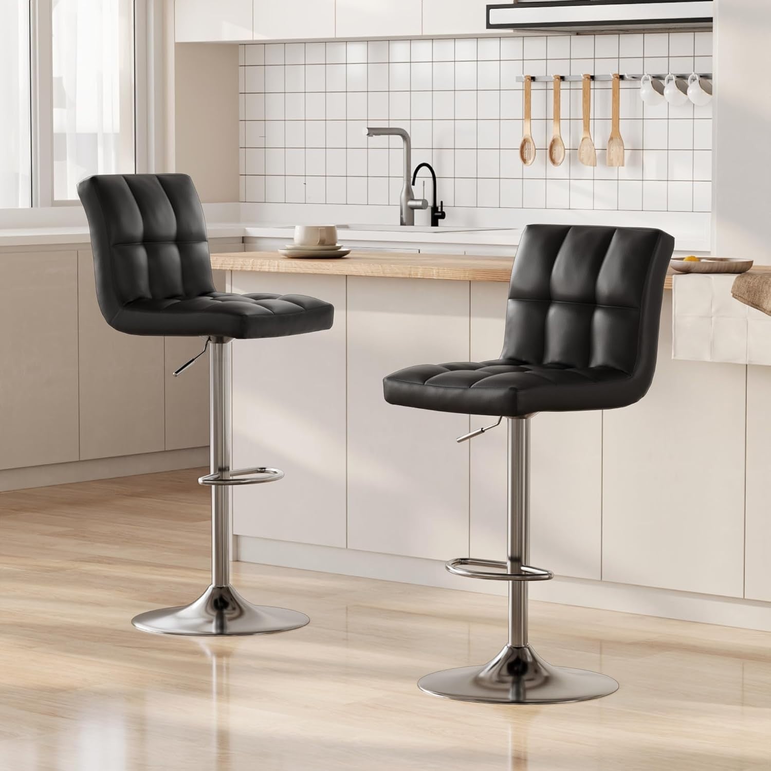 Adjustable Swivel Bar Stools Set of 2 Faux Leather Counter Chairs Black
