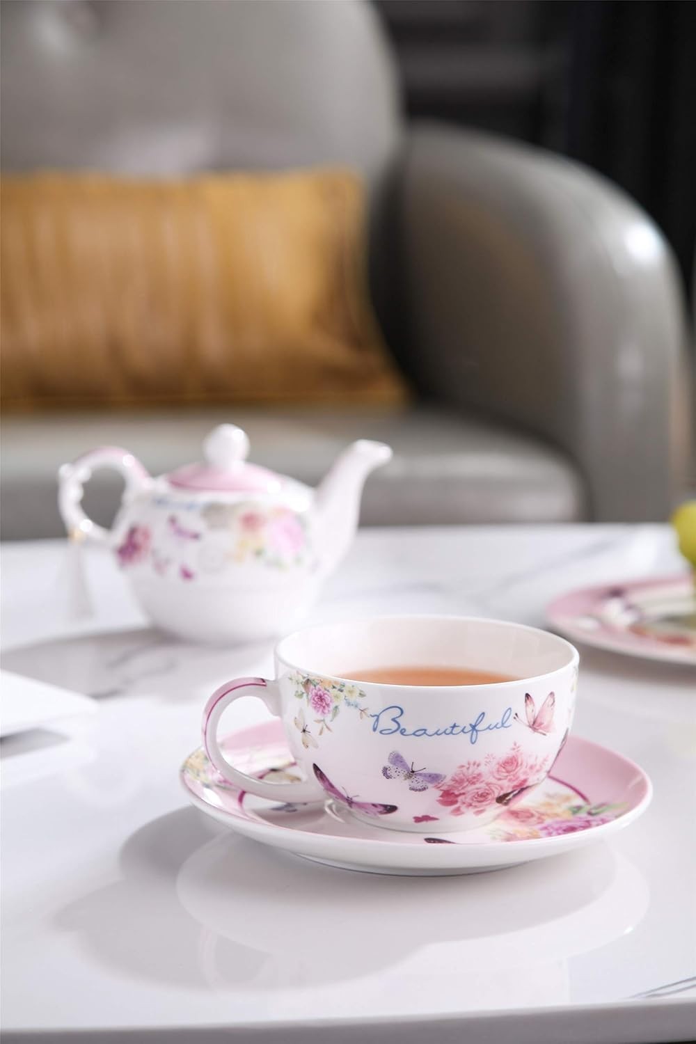 Tea for One Teapot Cup Saucer Set Butterfly Rose Porcelain Gift Box