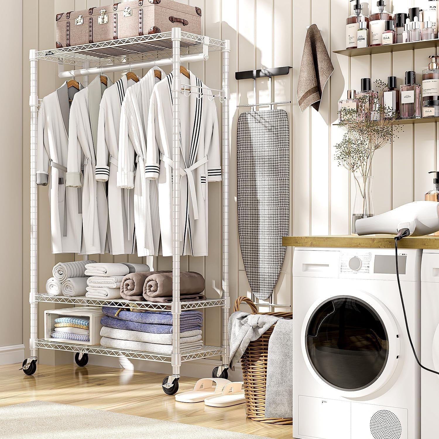 White Heavy Duty Garment Rack – 3 Tier, 1 Rod, 189cm with Wheels