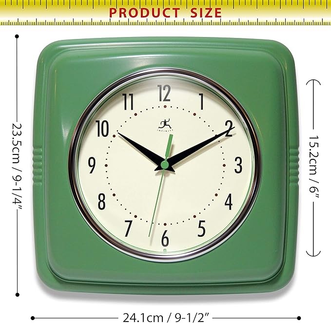 Retro 9in Square Wall Clock Green Silent Sweep Mid-Century Kitchen Diner Decor