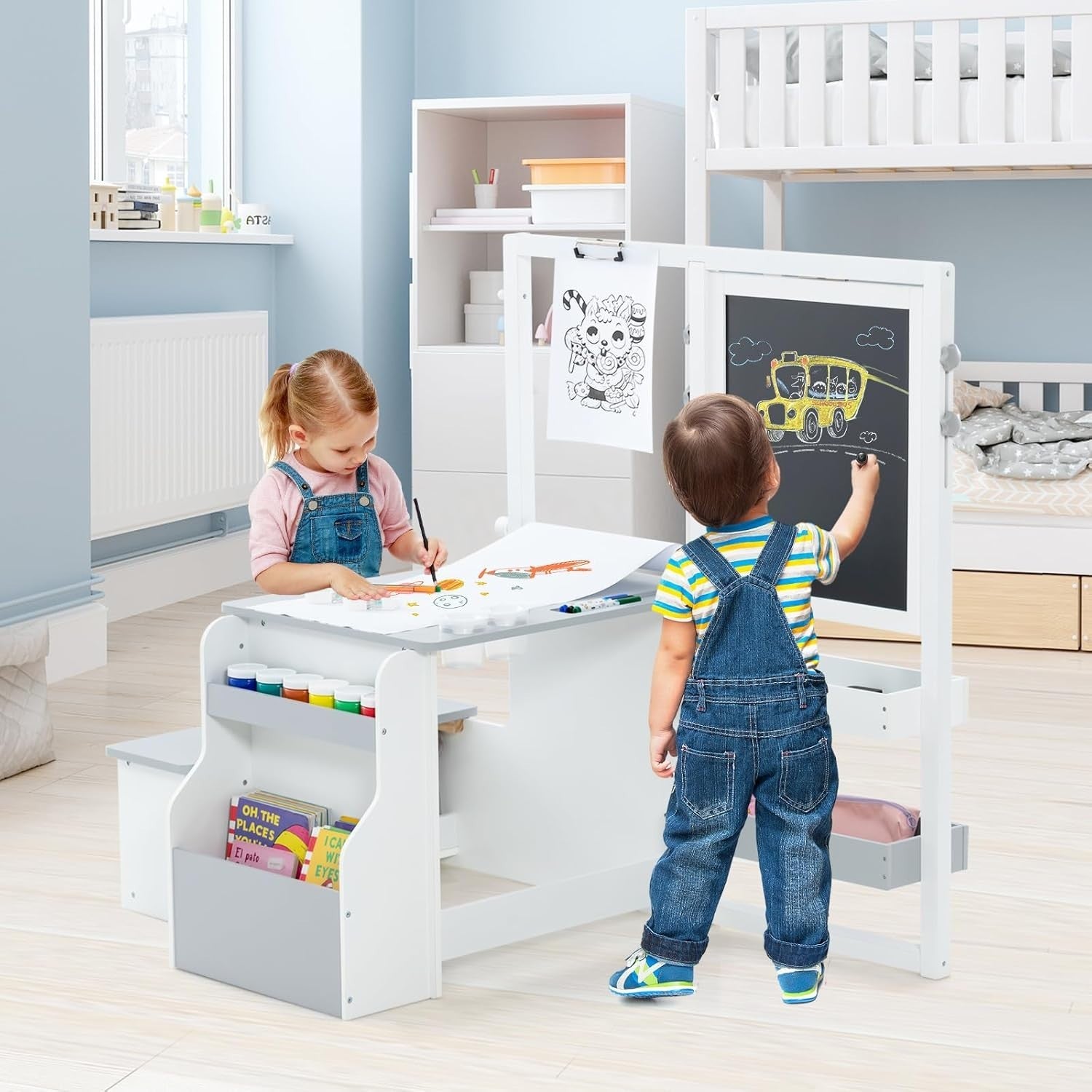 Kids Art Table with Double-Sided Easel, Storage, Paper Roll & Bench Set