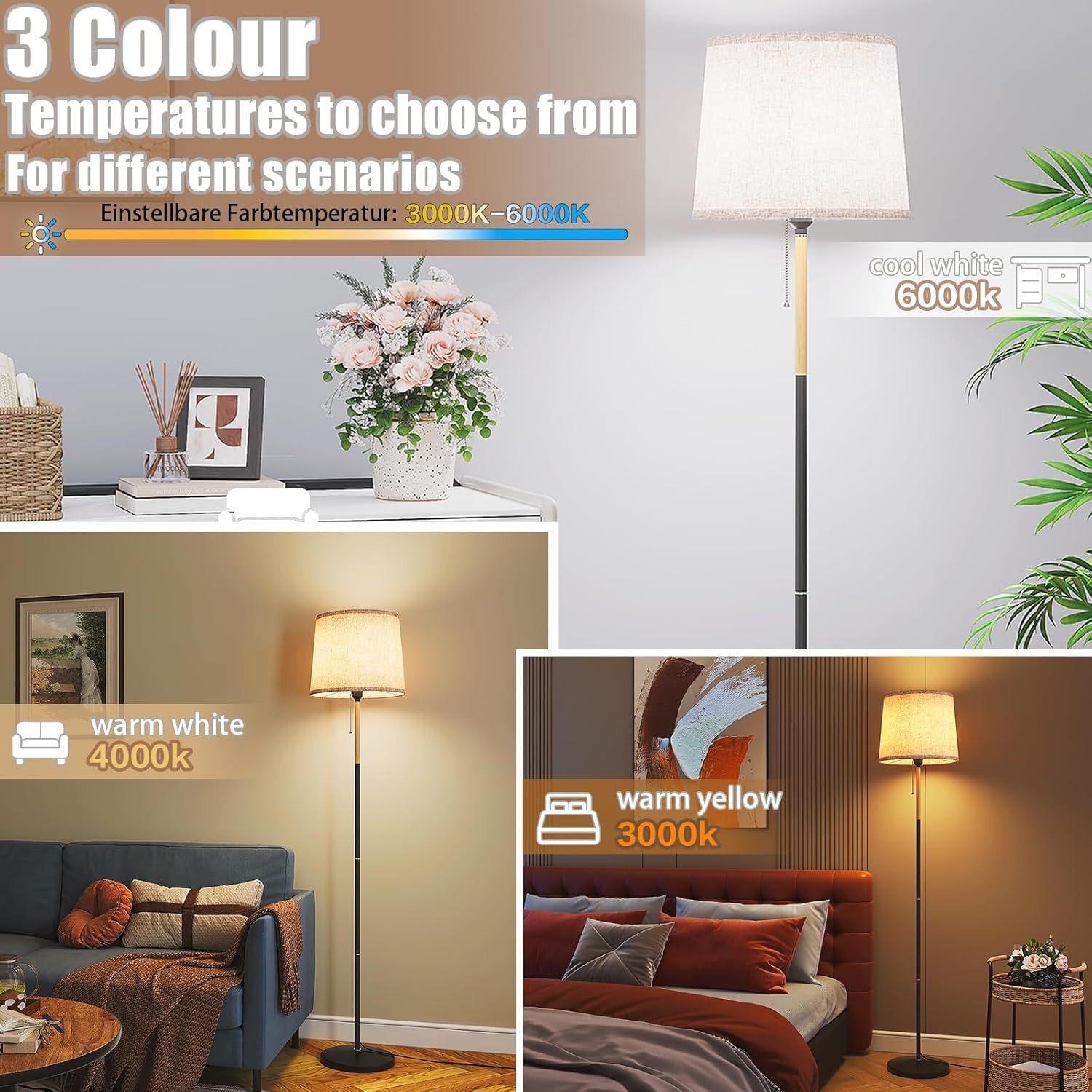 Dimmable Floor Lamp with Remote Linen Shade 3 Color Standing Light 67 Inch