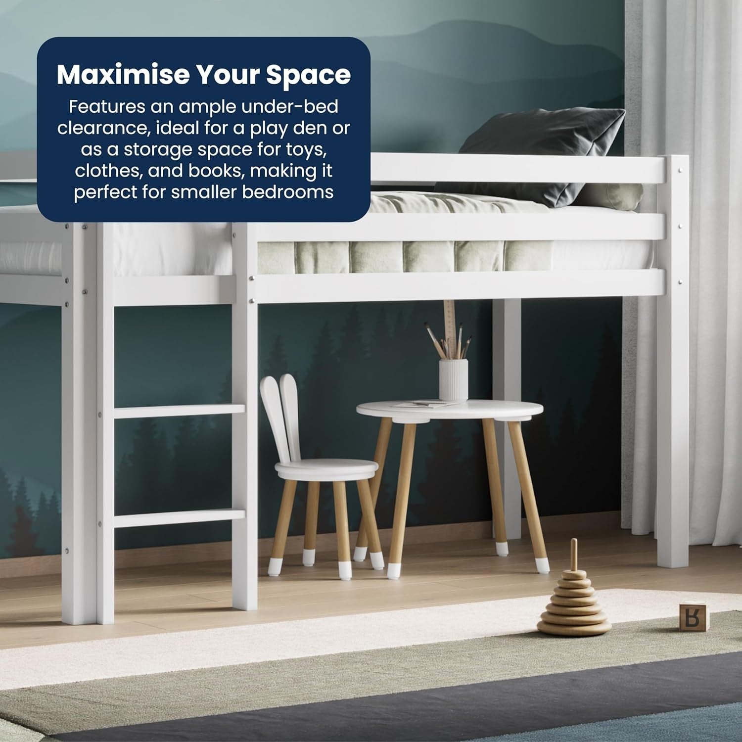 Flair White Mid Sleeper Cabin Bed for Kids with Storage, Compact Pine Frame