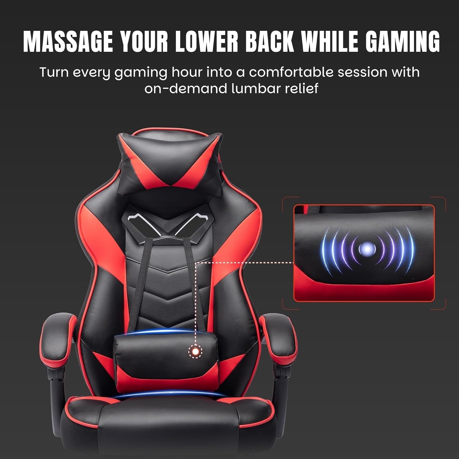 Red Faux Leather Gaming Chair w/ Recline, Footrest, Massage, Swivel, Ergonomic