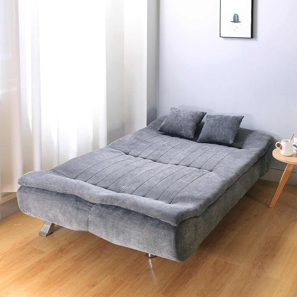 Grey Linen 3 Seater Sofa Bed Double Futon with Pillows, 188cm Convertible