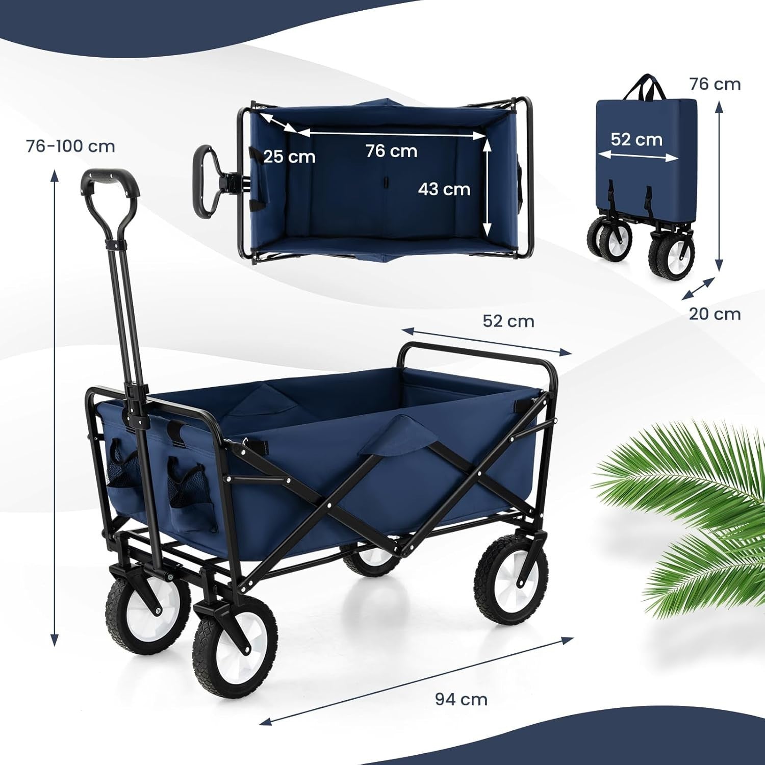 Navy Blue Folding Trolley Cart Collapsible Garden Wagon w/ Adjustable Handle