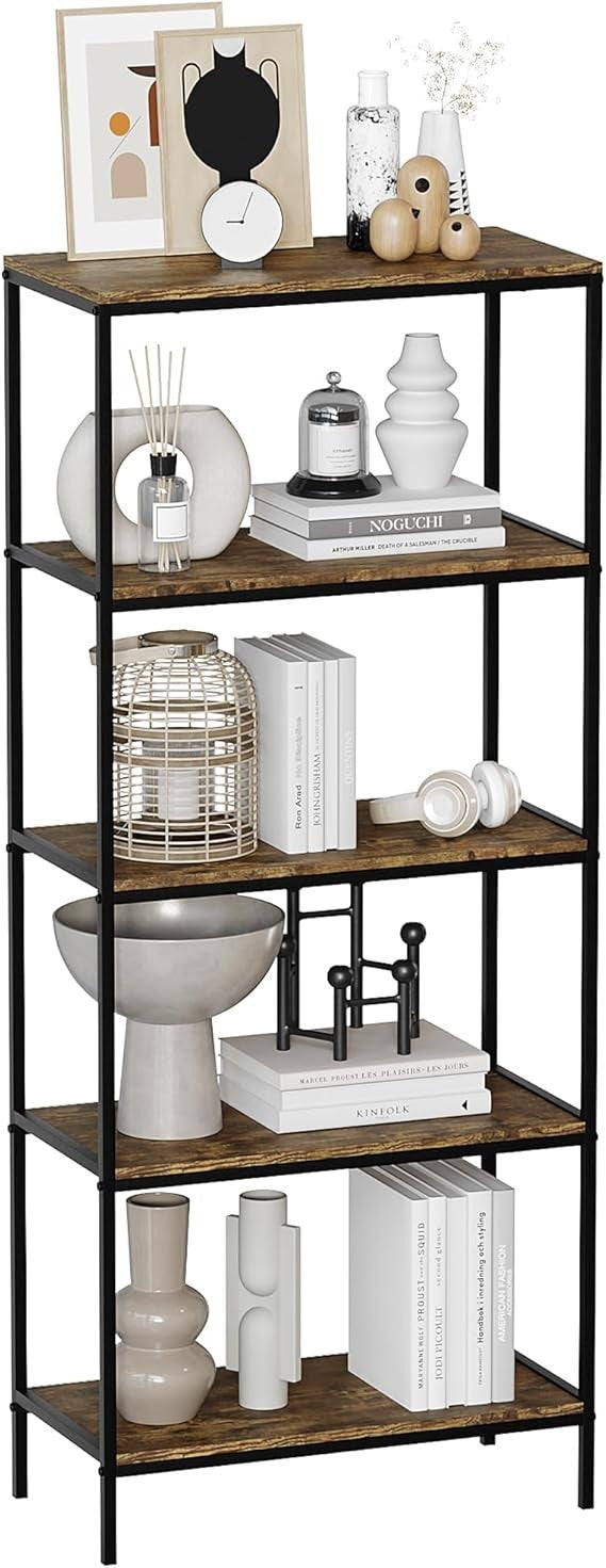 5 Tier Industrial Rustic Bookcase Shelving Unit Tall Display Storage Stand Dark