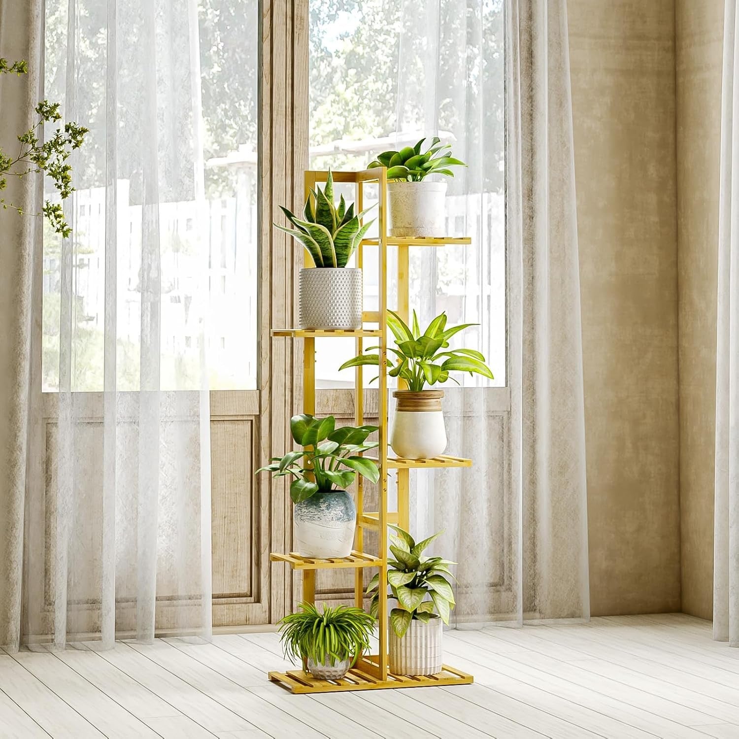 5 Tier Bamboo Plant Stand | Tall Corner Flower Shelf Indoor Outdoor Display Rack