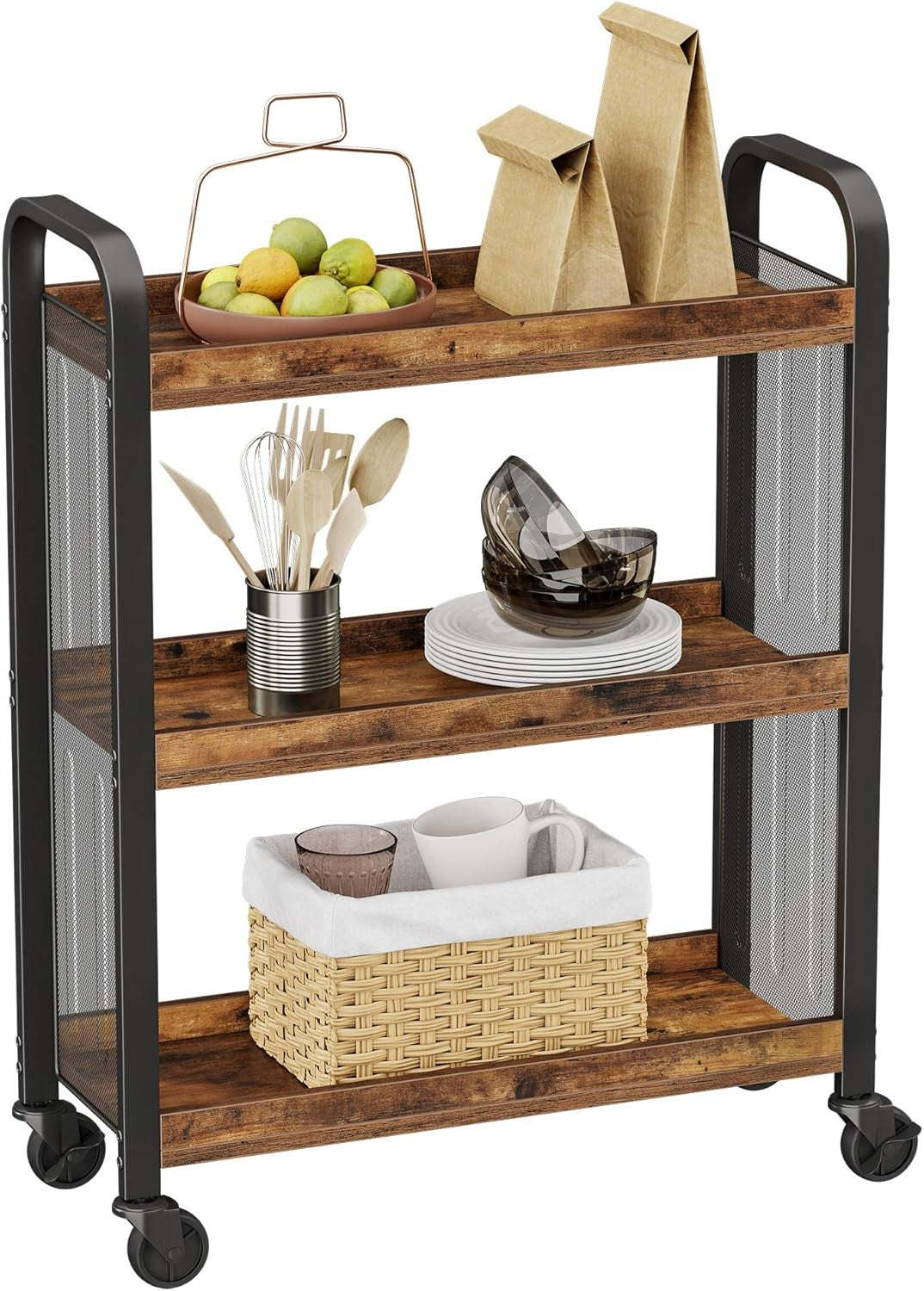 3 Tier Kitchen Trolley on Wheels Slim Rolling Storage Cart Metal Shelves