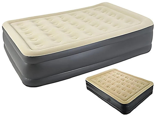 Double Inflatable Beig Air Bed Built-In Electric Pump High Raised Guest Mattress