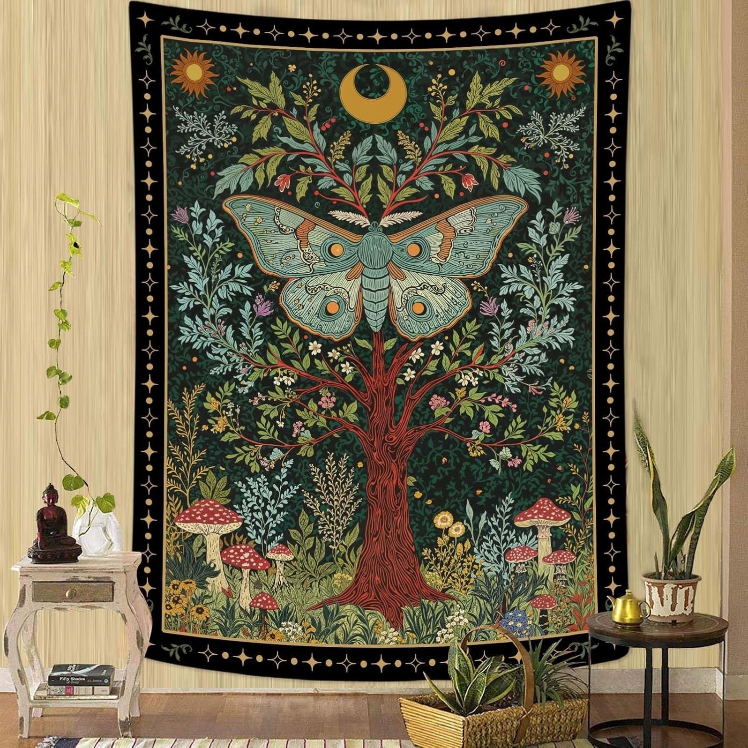 Large Tree of Life Tapestry Celestial Moth Sun Boho 44x60