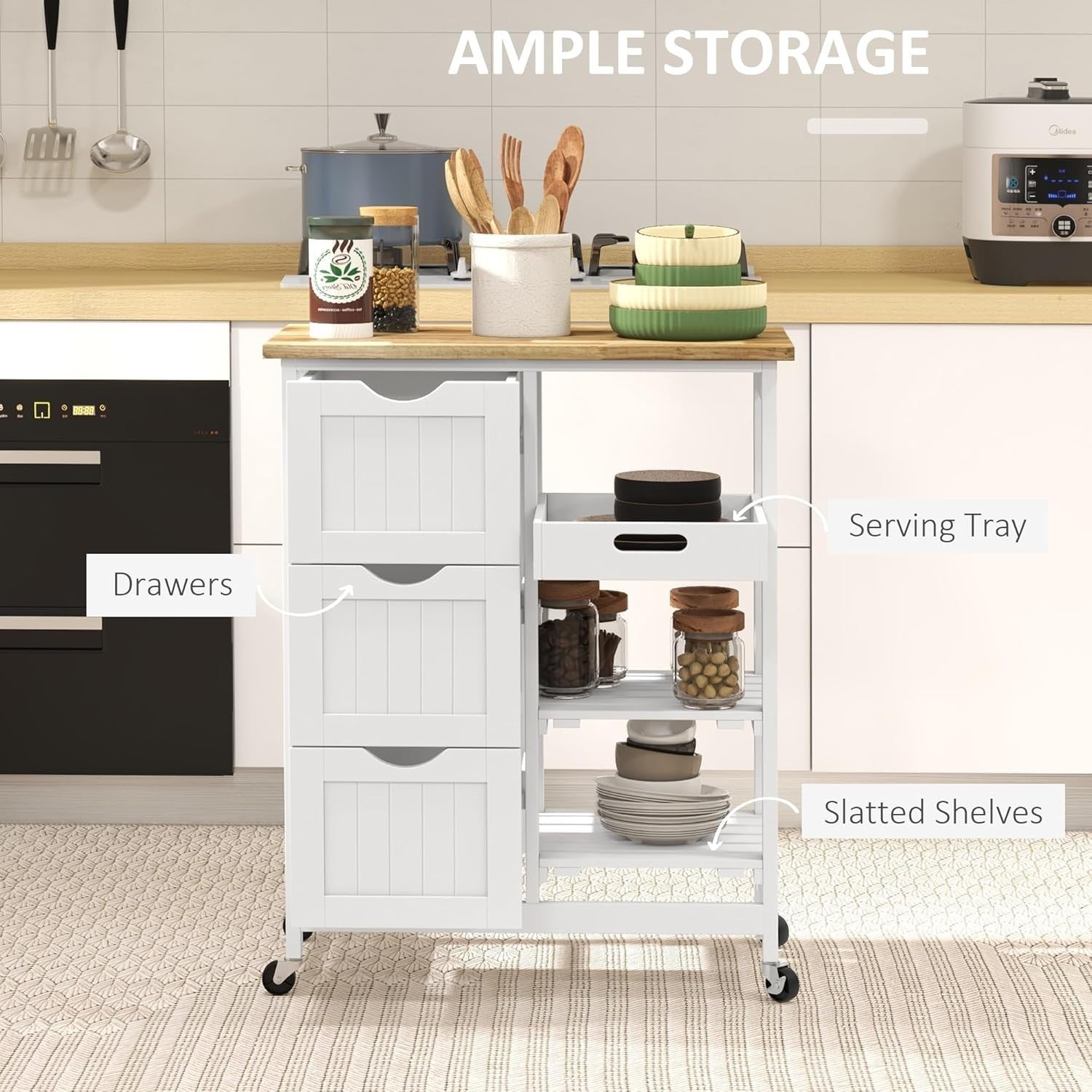 Rolling Kitchen Island Cart with Storage Drawers & Removable Tray, White Trolley