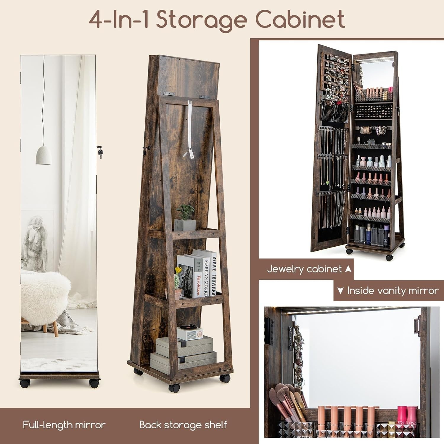 Coffee LED Jewelry Cabinet Mirror Lockable Rolling Storage Organizer