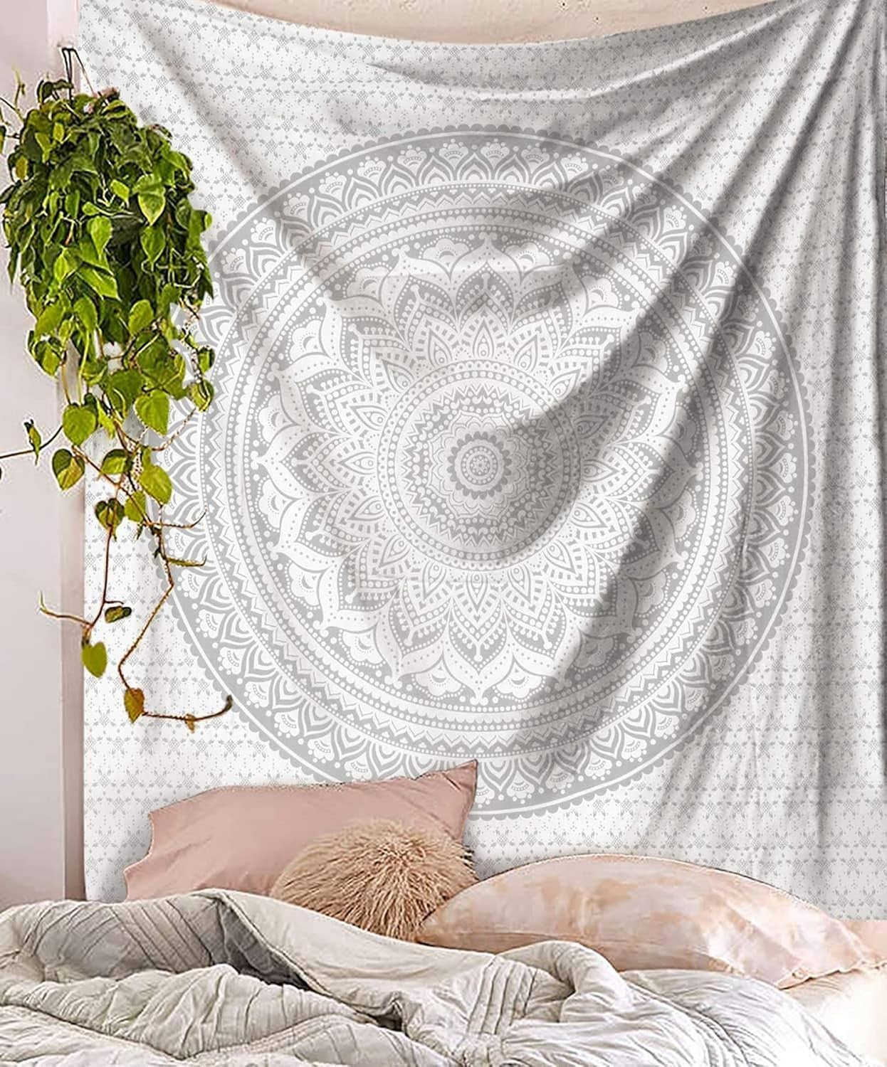 Grey Silver Mandala Cotton Tapestry 208x232cm Wall Decor