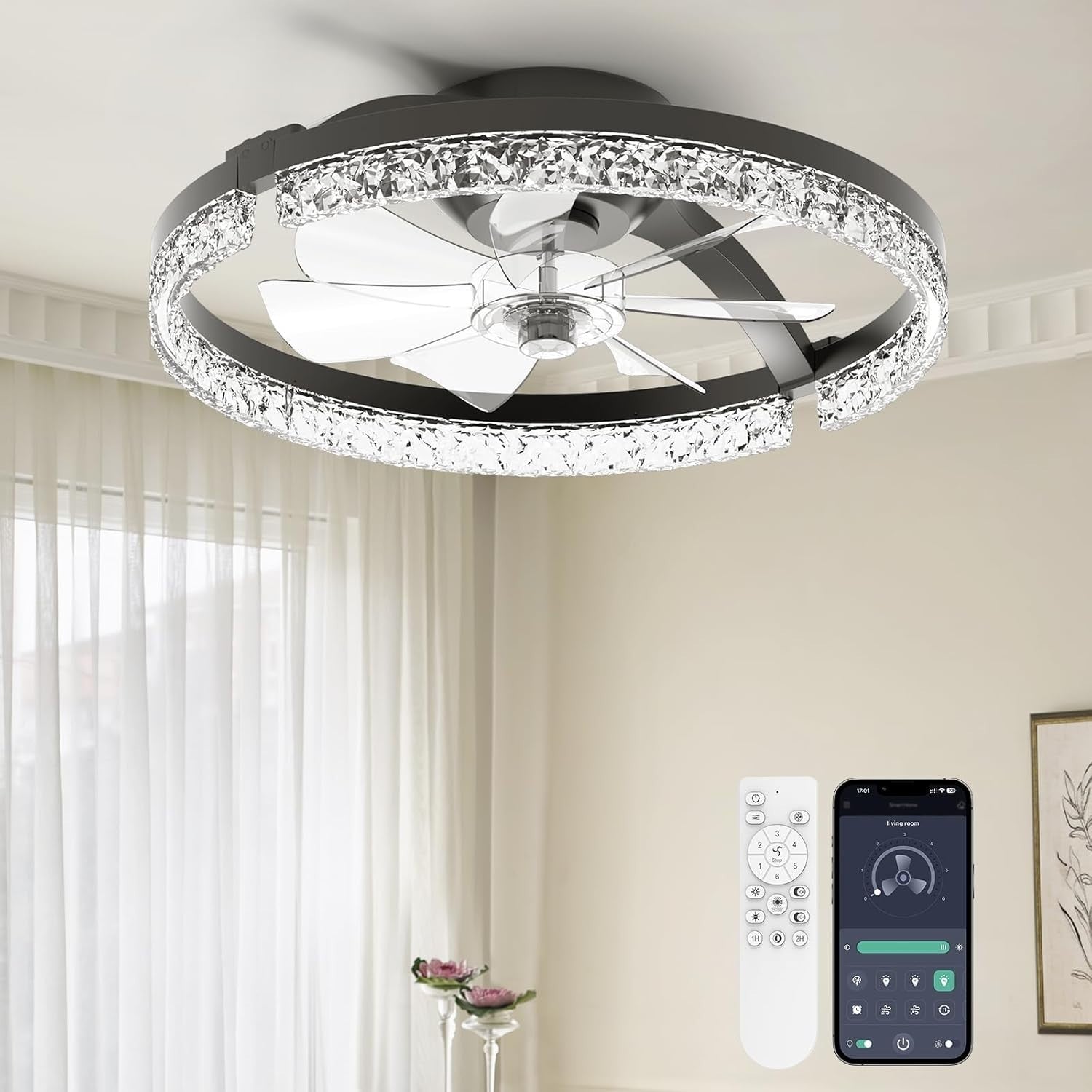Aphyni 46cm Black Ceiling Fan with Lights Low Profile LED Dimmable Remote