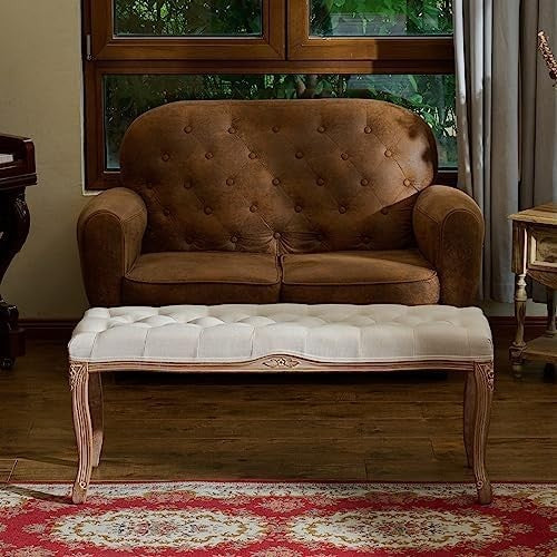 French Vintage Upholstered Ottoman Bench 112cm Padded Seat Footstool Beige