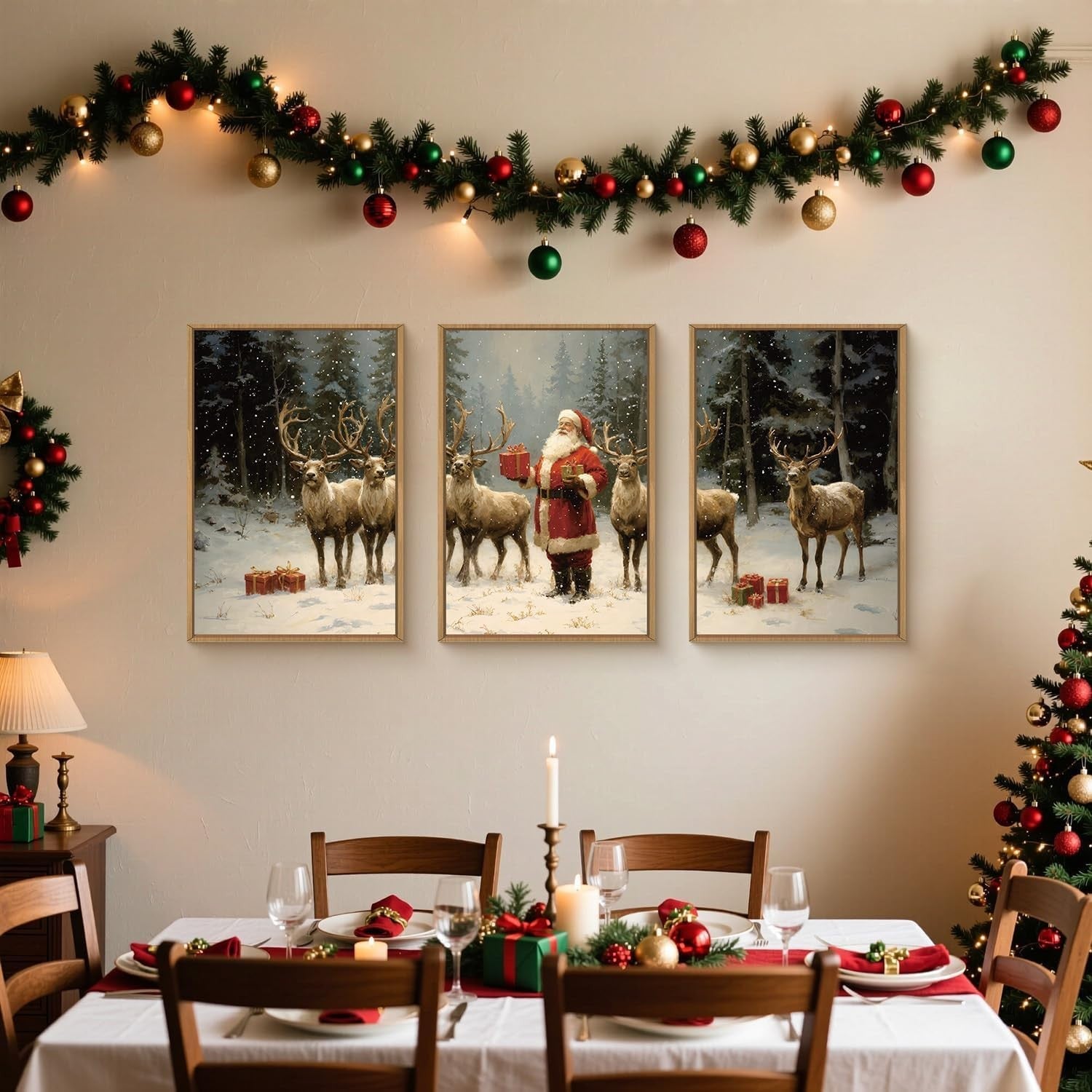 Christmas Wall Art Framed Canvas Set 3 Santa Reindeer Winter Holiday Decor