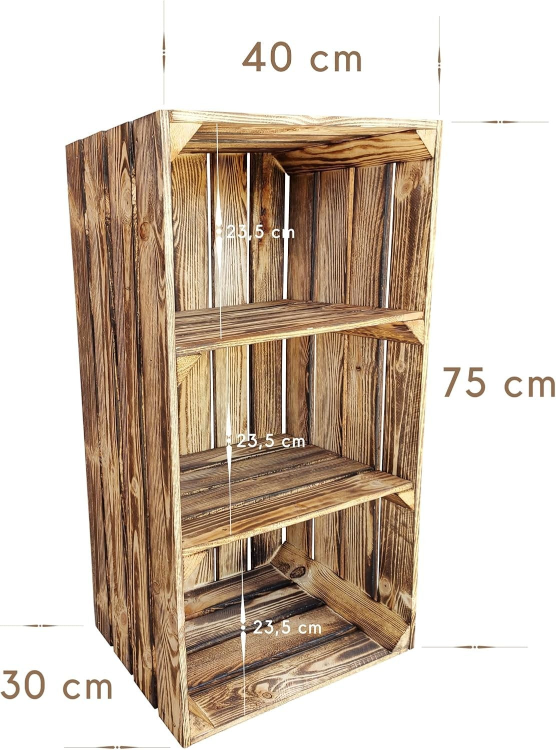 2 x Burnt Effect Wooden Crate with 2-Tier Shelf 40x30x75cm Rustic