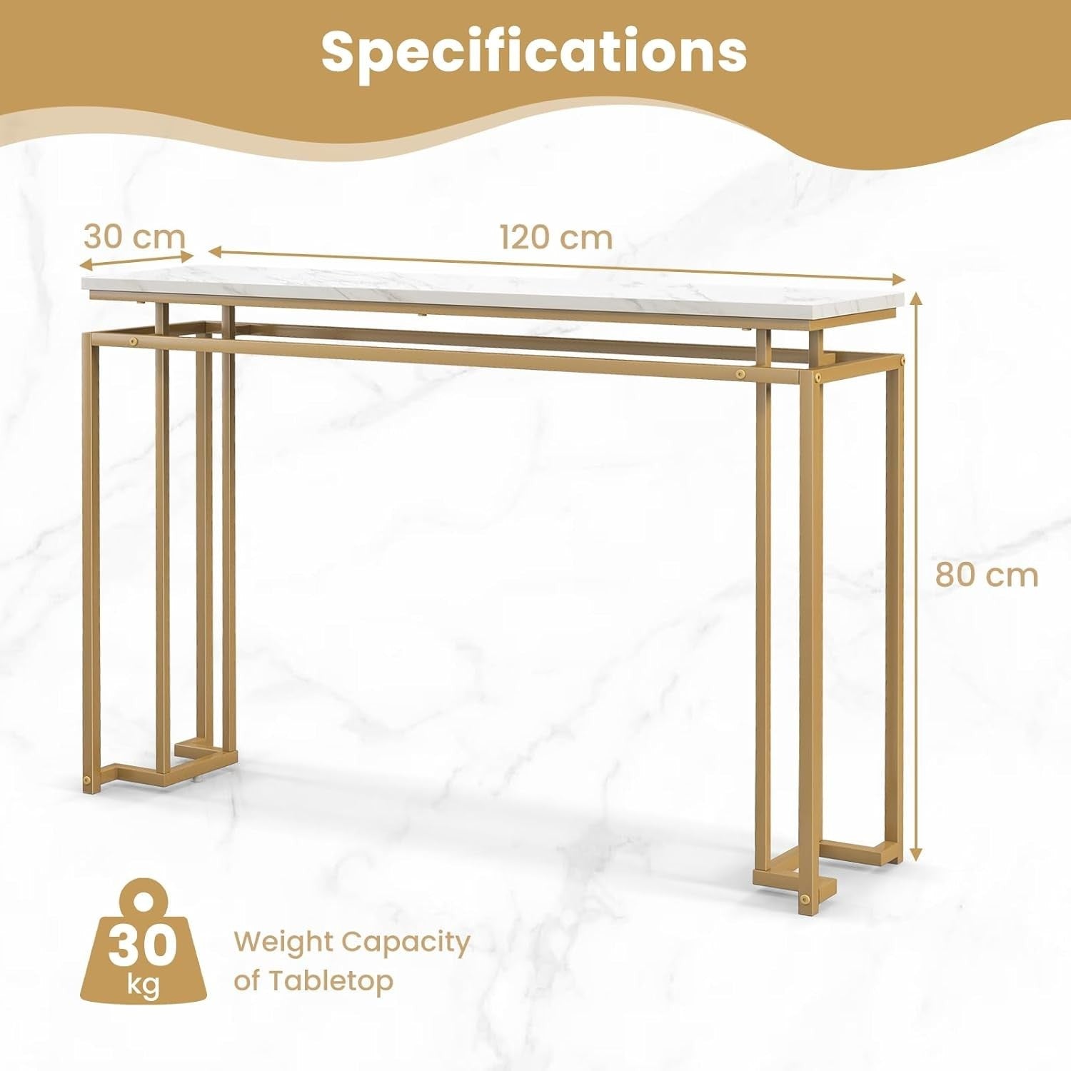 Slim Faux Marble Console Table, Modern Gold Frame, 120cm Entryway Accent