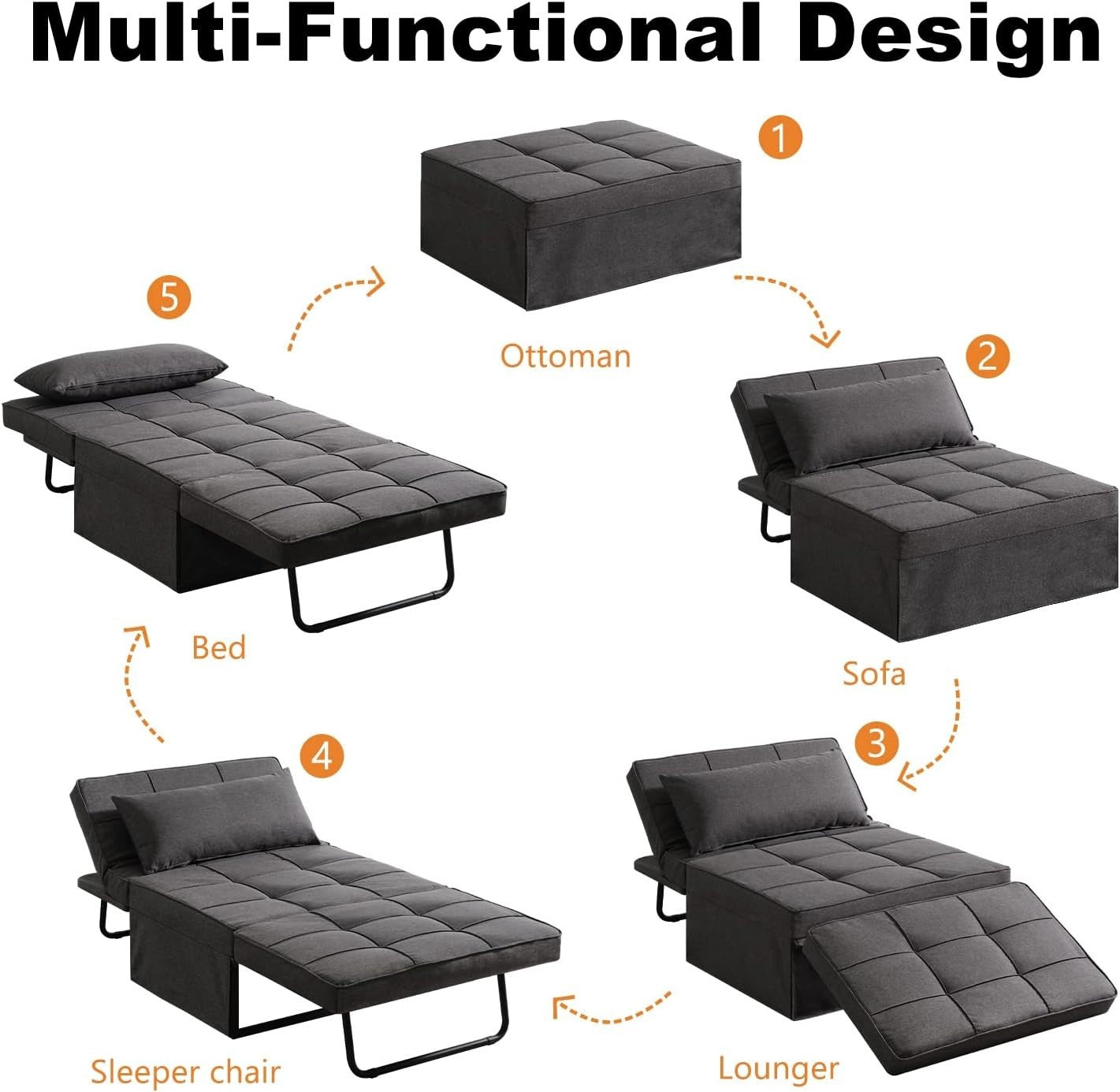 4-in-1 Sofa Bed Chair Single Sleeper Guest Bed Recliner for Small Spaces