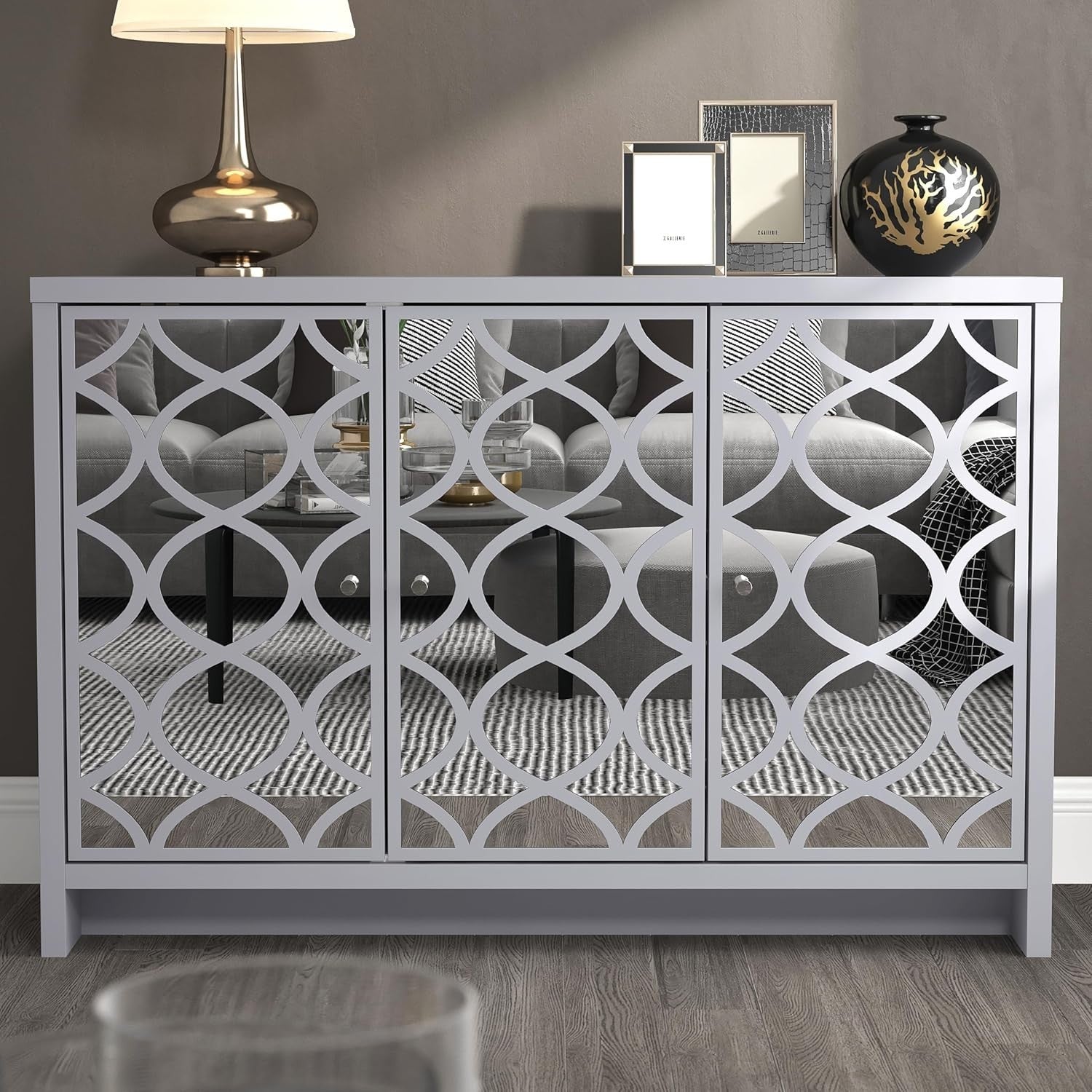 Grey Mirrored Sideboard Cabinet 3 Door Storage Unit for Hall or Lounge