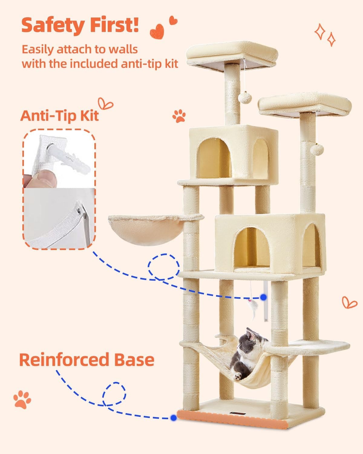 Large Cat Tree Tower 170cm Multi-Level Scratching Posts Condos Hammock