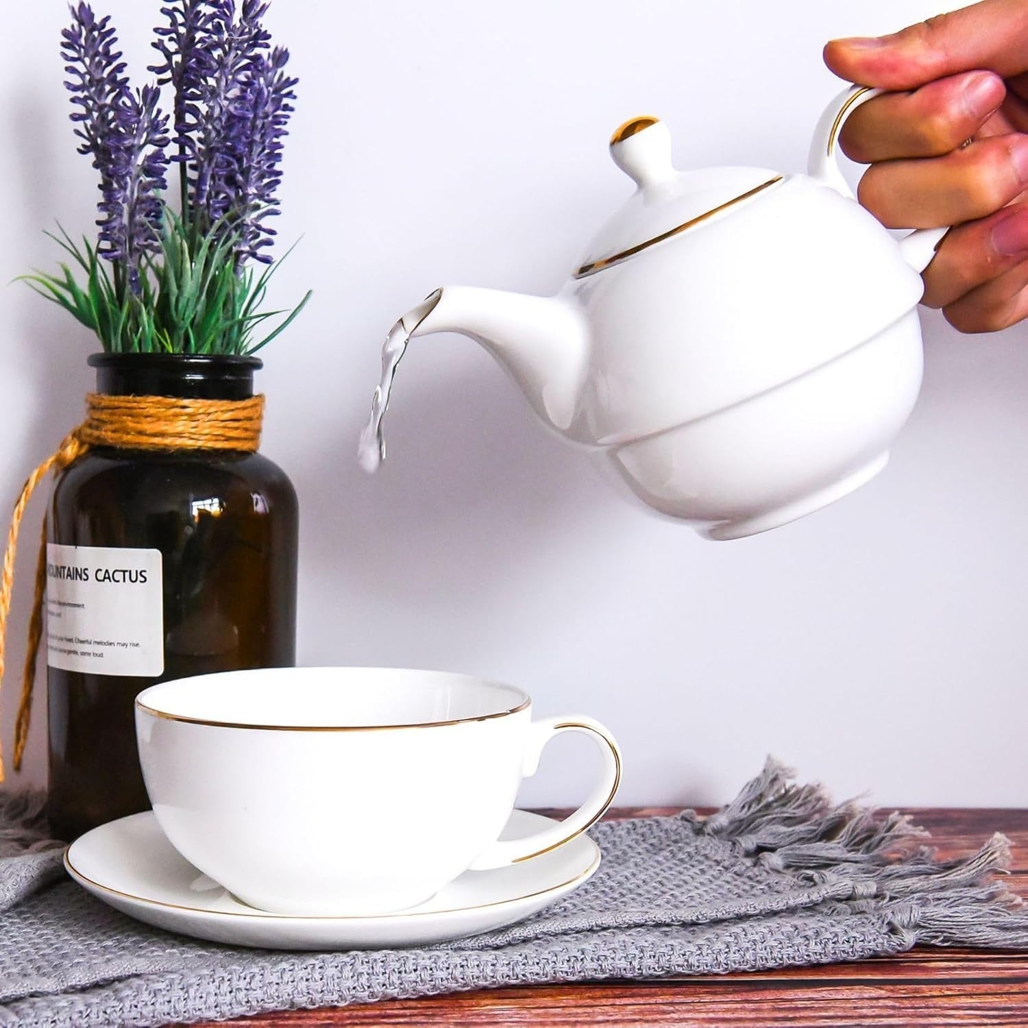 Tea For One Set Teapot Cup Saucer White Ceramic Gift Set 350ml