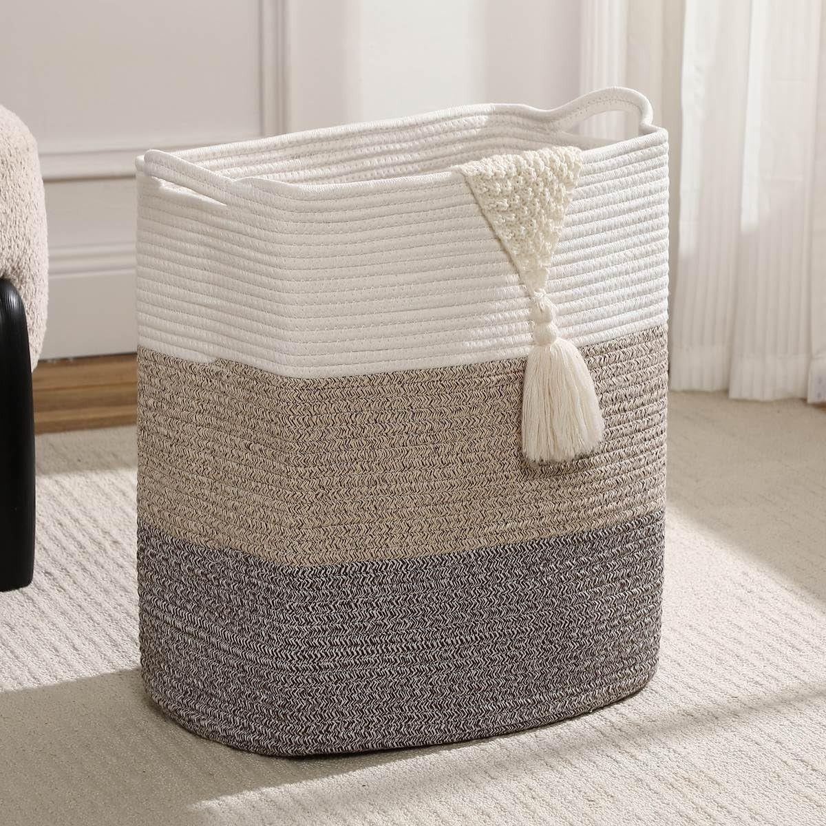 68L Woven Cotton Laundry Basket with Handles Large Gradient Brown Rope Hamper