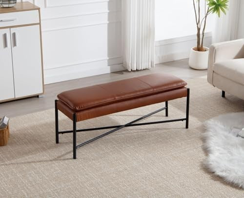 Upholstered PU Leather Ottoman Bench with Metal Legs Entryway Bedroom Seat