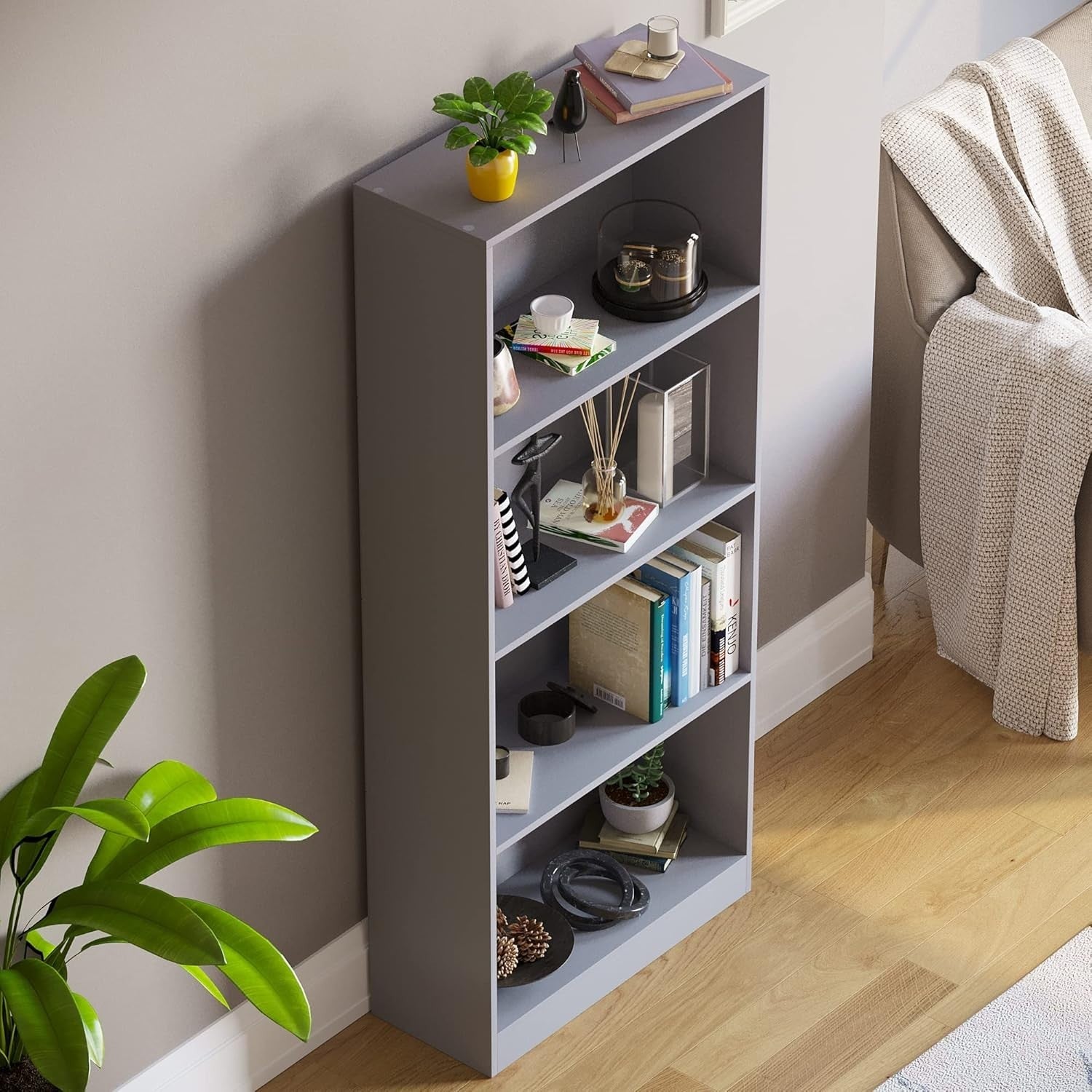 4 Tier Grey Wooden Bookcase Modern Storage Display Shelf for Living Room