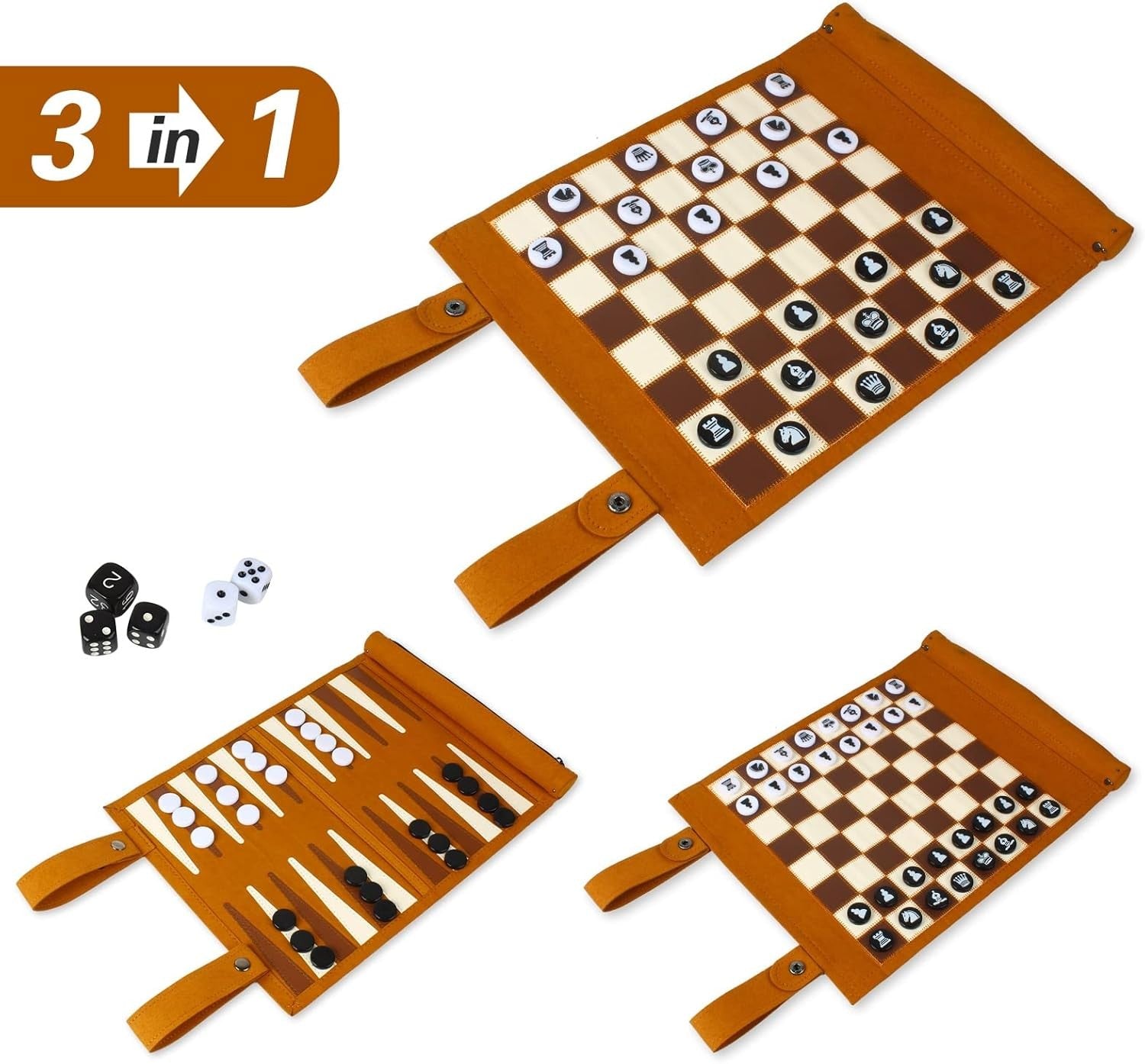 3 in 1 Rollable Chess Checkers Backgammon Set Portable Travel Board Game