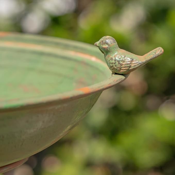Pedestal Bird Bath Green Cast Iron Outdoor Garden Feeder Bowl Ornament