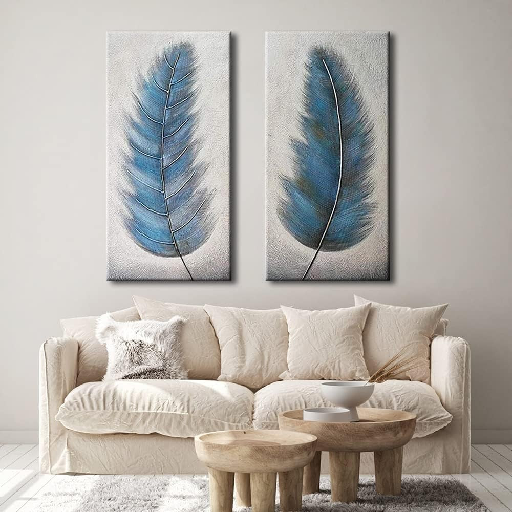 Large Abstract Grey Blue Feather Canvas Wall Art 2 Panel Hand Painted