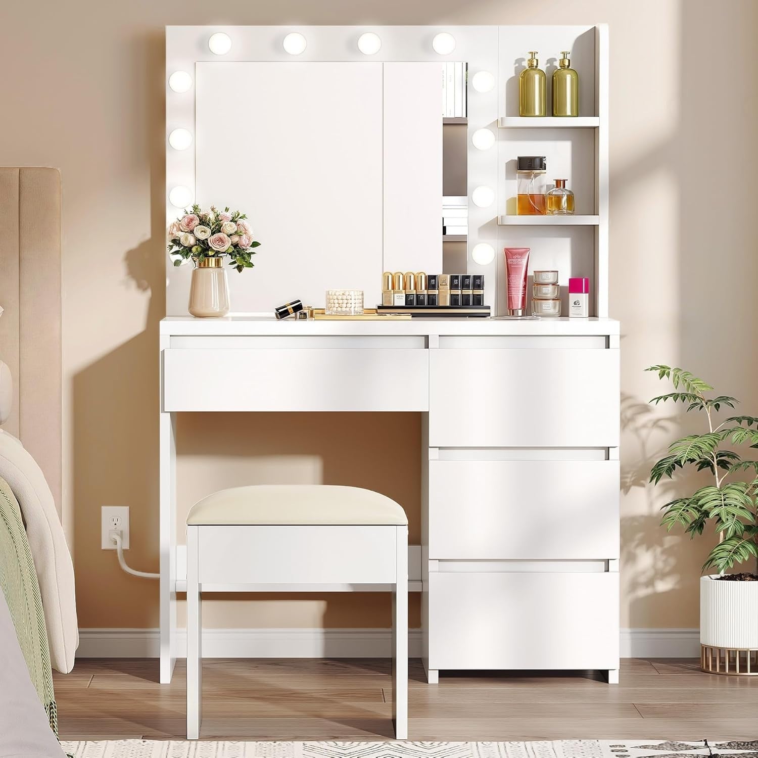 White Modern Vanity Dressing Table w/ 12 LED Lights Mirror Stool 4 Drawer Storag