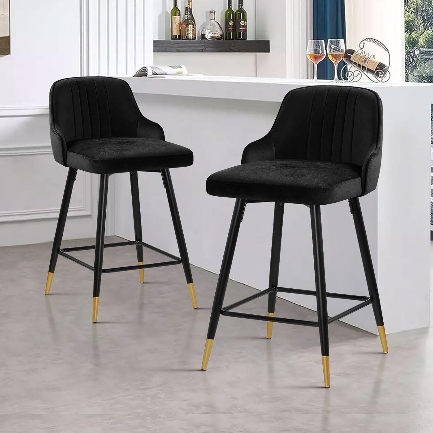 Black Velvet Swivel Bar Stools Set of 2 – Luxury Kitchen Counter Chairs