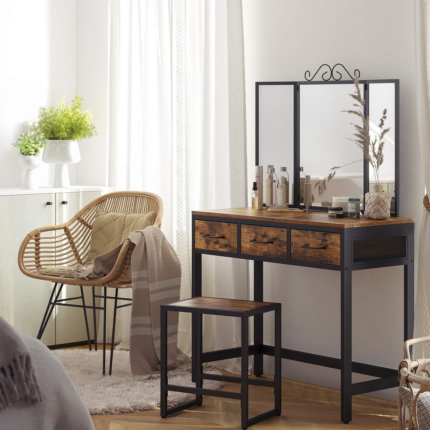 Rustic Dressing Table Vanity Set 3-Fold Mirror Stool Drawers Makeup Desk
