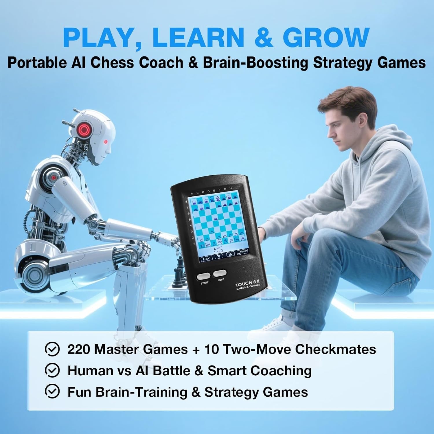 Portable 8-in-1 Electronic Chess Computer | HD Touch Screen | 220+ Games | Trave
